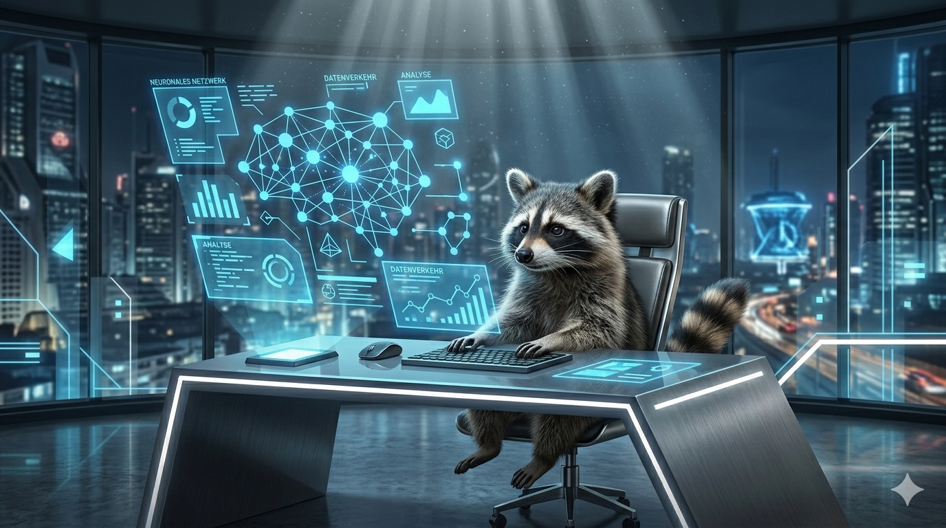 RaccoonYard KI-Waschbär am futuristischen Schreibtisch